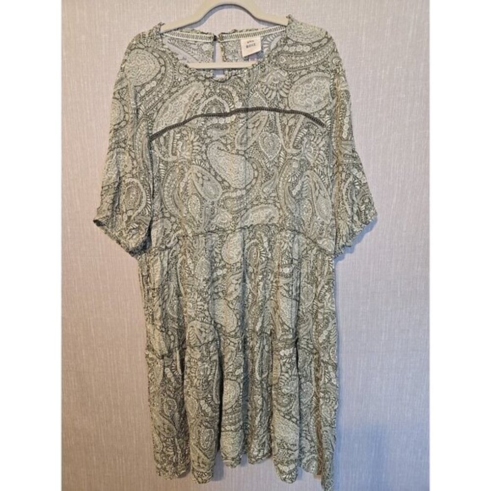 Knox Rose Boho Sage Paisley Print Crochet Trim Short Sleeve Shift Dress Sz XXL